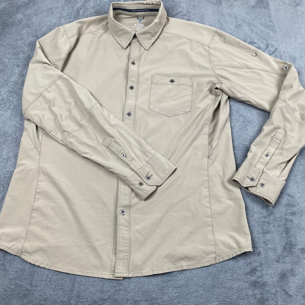 KUHL Men Large Shirt Tan Long Sleeve Button Up Hiking Outdoor Performance